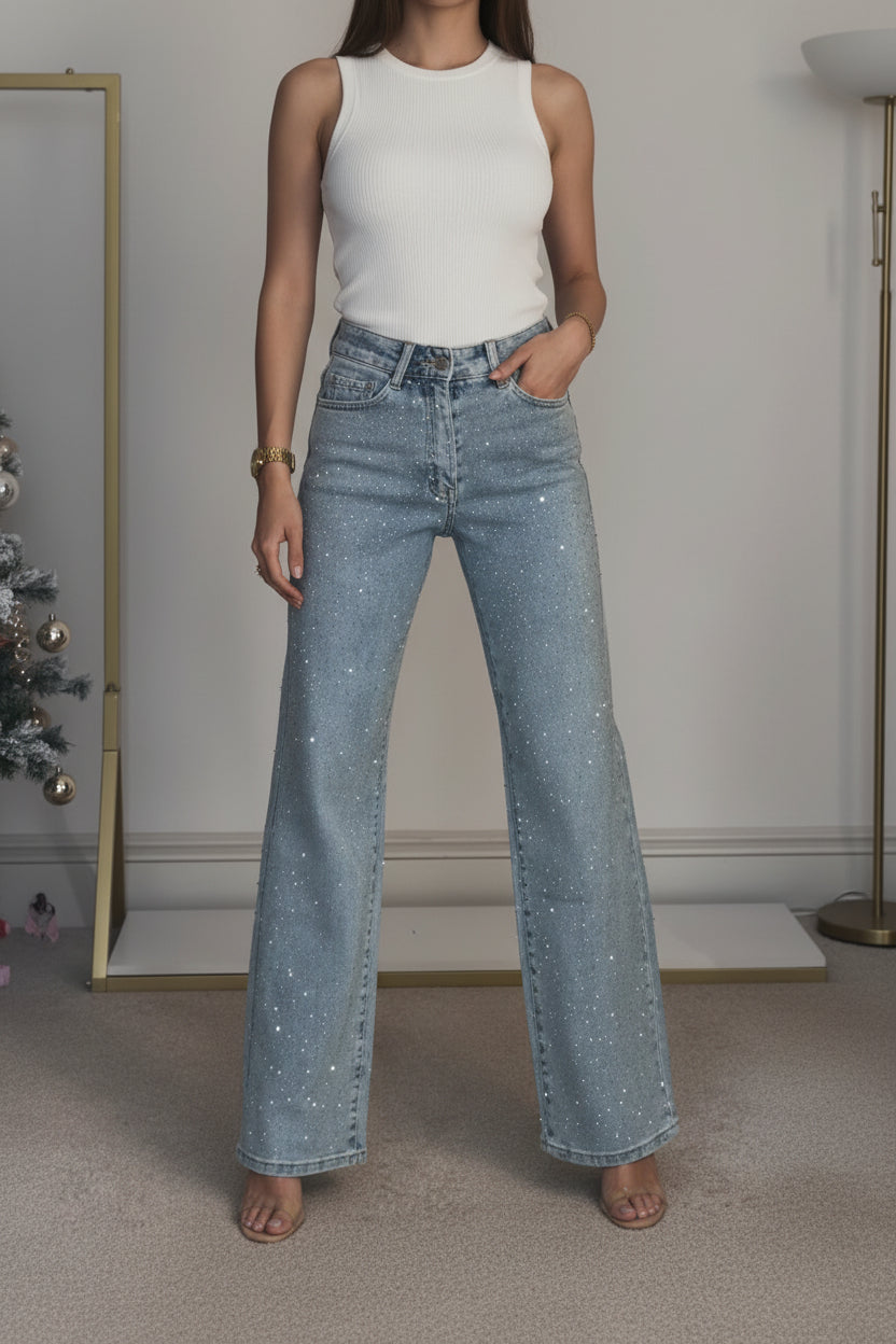 Jean Large Taille Haute Strass — Le Glamour au Quotidien