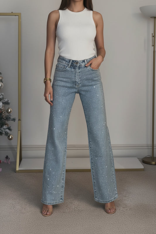 Jean Large Taille Haute Strass — Le Glamour au Quotidien